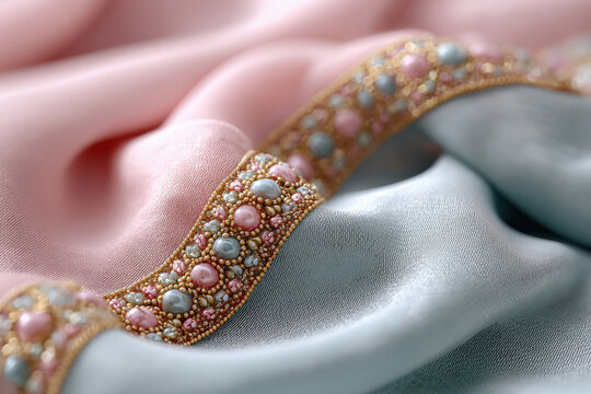 A close-up of a pastel saree in pink and grey shades, featuring a beaded pallu with pearls