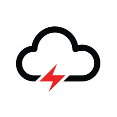 Cloud Lightning Icon. Black Outline Weather Symbol with Red Bolt