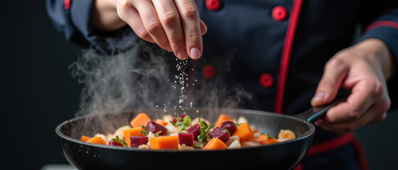 Chef sprinkles seasoning over colorful vegetable dish in frying pan, showcasing culinary skills and creativity