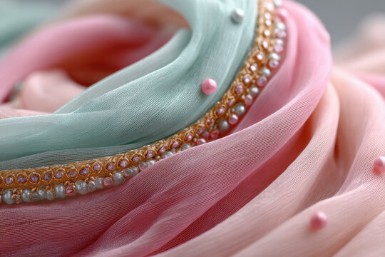 A close-up of a pastel saree in pink and grey shades, featuring a beaded pallu with pearls