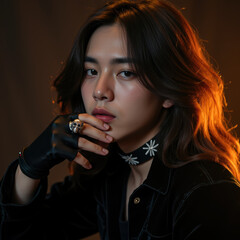 Stylish individual with long, wavy hair poses confidently, wearing black outfit and striking ring. warm lighting enhances dramatic atmosphere