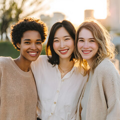 Three diverse friends stand closely together, smiling warmly at the camera. The sun shines brightly behind them, creating a cheerful atmosphere in an urban park filled with greenery