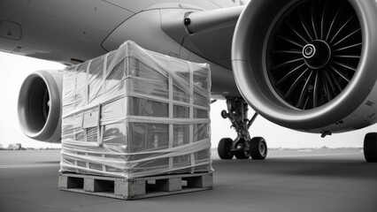 Cargo pallet wrapped in plastic sits near aircraft engine on airport tarmac, showcasing logistics of air freight