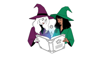 Enchanting Spellcasters: Two spellbinding witches, cloaked in vibrant attire, share a mystical grimoire, casting an otherworldly spell, perfect for fantasy themes and magical narratives.