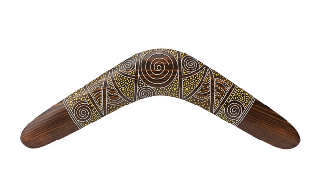 Boomerang with aboriginal art isolated on transparent background, a traditional hunting tool and cultural symbol, showcasing intricate patterns and craftsmanship