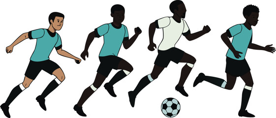 Four diverse male soccer players running with a ball football sport vector illustration EPS file download.
