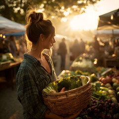 A woman with a bun holds a wicker basket filled with fresh vegetables at a lively farmers market. The sun sets in the background, casting a warm light over the vibrant stalls