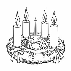Intricate vector wreath illustration with five candles for festive decorations silhouette white background