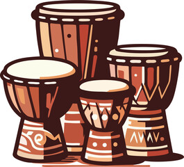 Cartoon African Djembe Drum Set Vector Illustration, Traditional Percussion Instruments