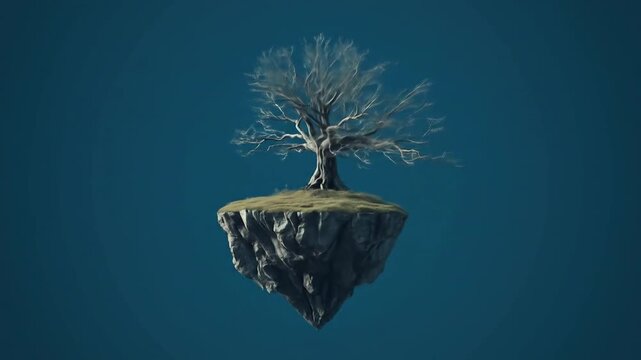 A solitary, leafless tree perched on a floating island against a deep blue sky, symbolizing isolation