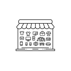 Marketplace Vector Illustration with Line Art Icons Depicting Various Merchandise in a Simple Minimalist Style
