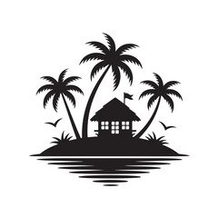 Silhouette of a tropical island with palm trees, a hut, and birds, reflected in water technology background