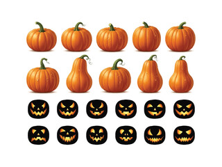 Halloween Pumpkin Variety: A collection of vibrant pumpkins and jack-o'-lanterns arranged, bringing the essence of Autumn.