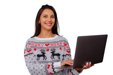 Woman smiling, using laptop in festive christmas sweater with reindeer design on transparent background