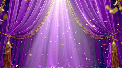 Luxurious purple velvet stage curtain shimmering under spotlight with falling confetti symbolizing victory celebration and transformation 
