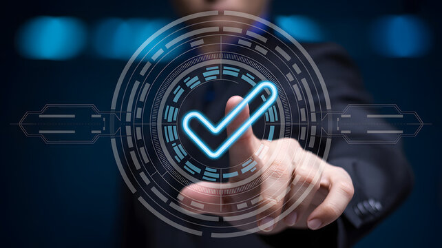 Digital confirmation with glowing checkmark touched by hand, success achieved, modern technology, business approved, quality control, innovation secured