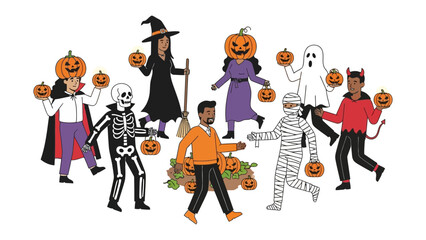 Happy Halloween Friends: A diverse group of people dressed in fun Halloween costumes, including a witch, skeleton, mummy, ghost, and devil, gather together with pumpkins.