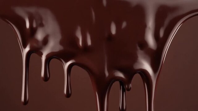 Ultra HD cinematic footage of melting dark chocolate slowly dripping on a seamless deep brown background with glossy texture rich detail and mouthwatering appeal perfect for dessert advertising confec