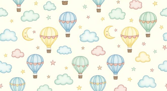 Pastel Hot Air Balloons Clouds and Stars Pattern for Kids Nursery Decor - Powered by Adobe