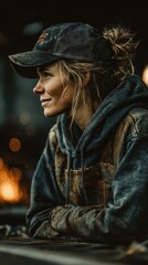 Woman in work attire enjoys a moment of reflection in a workshop filled with warm, glowing lights and tools