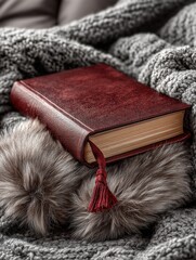Cozy reading moment with a leather-bound book on a soft blanket during a relaxing afternoon