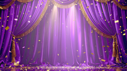 Luxurious purple velvet stage curtain shimmering under spotlight with falling confetti symbolizing victory celebration and transformation 
