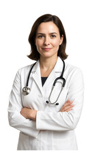 Fototapeta premium Confident female doctor with stethoscope on white background.