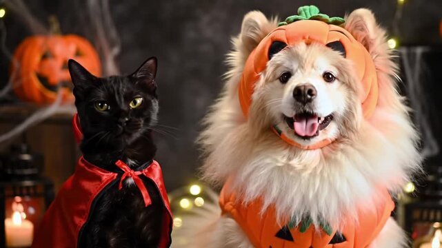 Cute Dog and Cat in Halloween Costumes with Subtle Movements