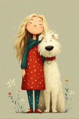 Young girl with long hair wearing a red dress and scarf stands happily beside a fluffy white dog against a simple background