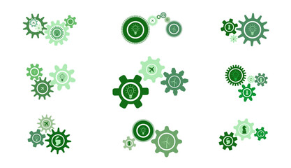 Go green strategy concept cogwheels set vector design with business concept icons. Gears set graphic to use for technology, business, teamwork, mechanics and engineering projects. 
