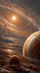 Cosmic landscape with swirling galaxies, bright stars, and rocky terrains under a distant sun near a giant planet