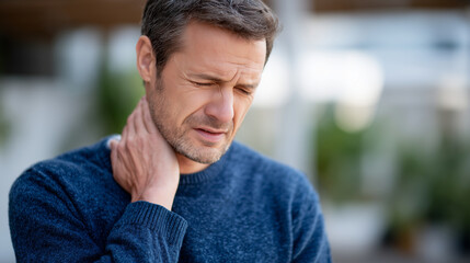 Obraz premium Close-up portrait of man holding neck in discomfort, eyes slightly closed, soft shadows emphasizing facial tension, medical symptom focus on sore throat