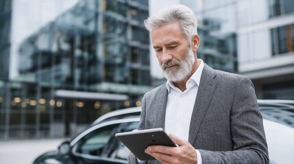 Portrait of focused senior businessman with gray hair standing and using digital tablet outdoors in an urban setting with a modern glass building and car in the background, dressed in suit.