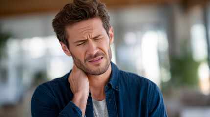 Close-up of man pressing neck tenderly, eyes closed and grimacing, warm tones emphasizing realism, health problem depicted clearly as sore throat or laryngitis