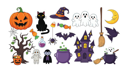 Spooky Halloween Assortment: A delightful assortment of Halloween-themed illustrations, showcasing iconic symbols of the holiday, capturing the whimsical and playful spirit of the season.