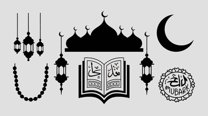Islamic mosque silhouette ramadan lanterns crescent moon and quran illustration vector silhouette white background