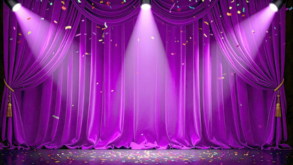 Luxurious purple velvet stage curtain shimmering under spotlight with falling confetti symbolizing victory celebration and transformation 
