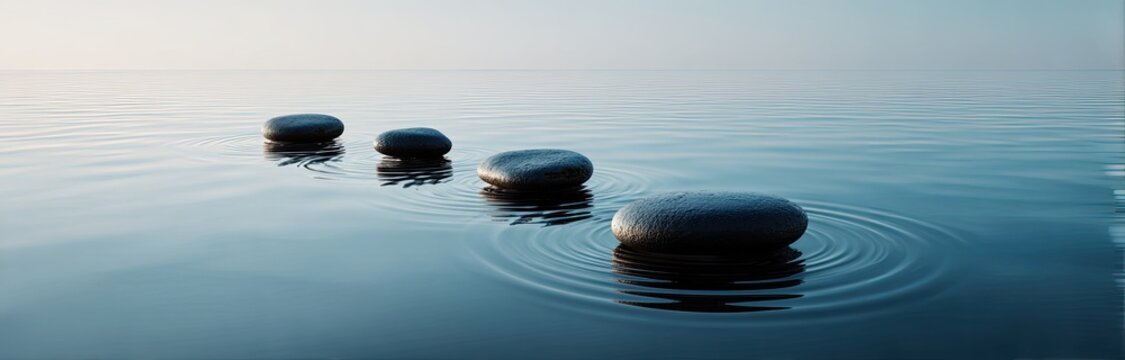 Stones stepping across water with ripple effect in natural environment