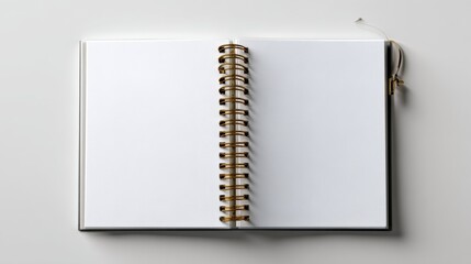 Opened blank spiral notebook with white pages laying on a white surface viewed from above