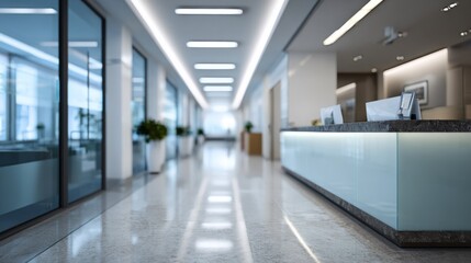 Modern office interior features a long hallway with a reception desk and reflective marble floors