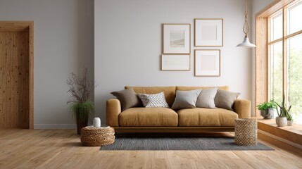 Bright living room showcases a yellow sofa wood floors window light and simple wall art