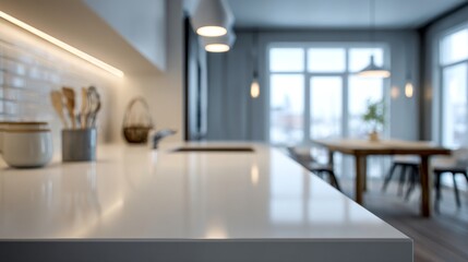 Kitchen countertop with utensils and pendant lights with a blurred dining table setting