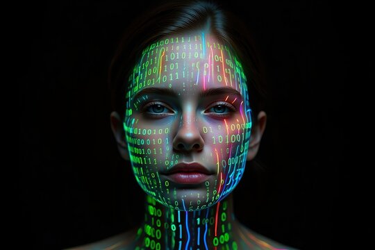 Digital Interface: Data Projected onto a Woman's Face