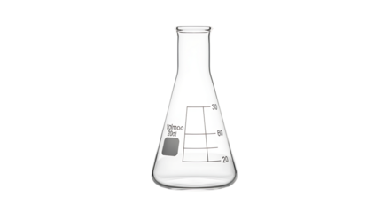 Clear erlenmeyer flask with liquid and measurement markings isolated on white background