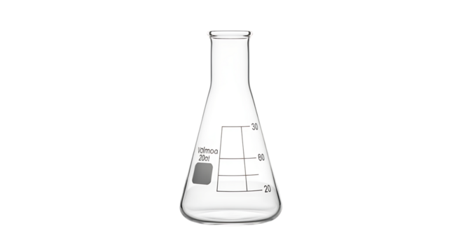 Clear erlenmeyer flask with liquid and measurement markings isolated on white background