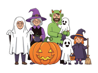 Halloween Costume Ensemble: A vibrant cartoon image of a family adorned in creative Halloween costumes, gathered around a large pumpkin. The scene is filled with the spirit of spooky delight.