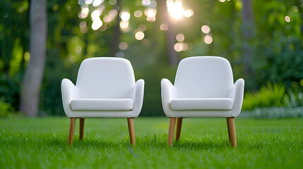 Invite relaxation outdoors with these stylish white armchairs on lush green lawn under sunny skies, perfect for summer living and outdoor design concepts