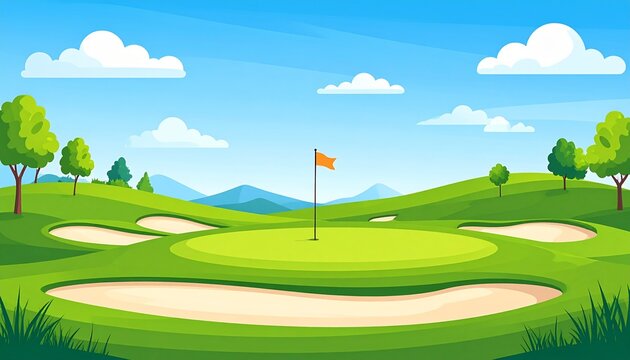 Minimalist Vector Golf Course Landscape with Flag
