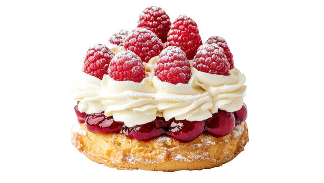 A beautifully crafted raspberry tart topped with fresh. plump raspberries and delicate whipped cream. set against a clean white background. perfect for dessert menus or culinary showcases