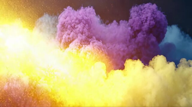 Vibrant explosion of colorful powder clouds with purple, yellow, and golden hues blending dynamically in dramatic artistic abstract motion